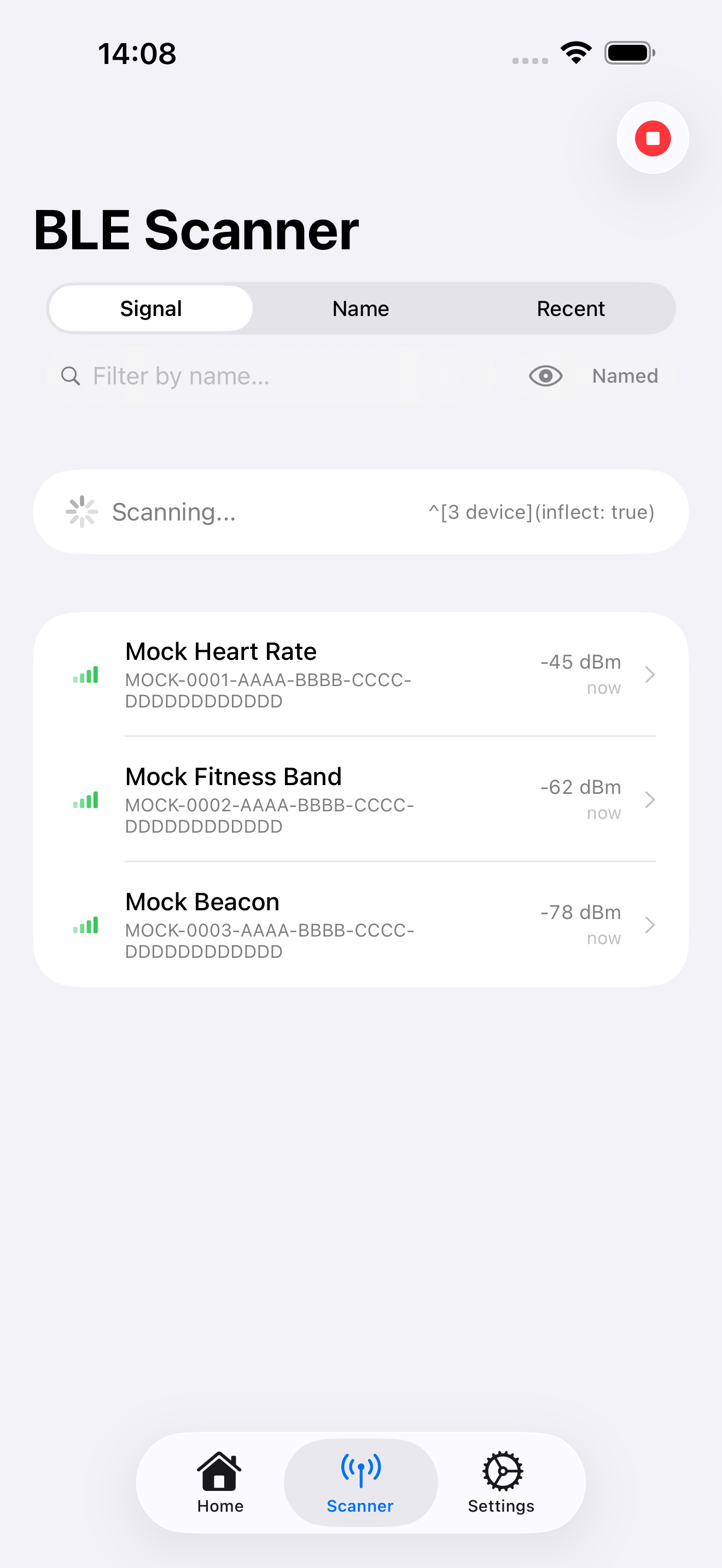WebBLE companion app showing the BLE scanner